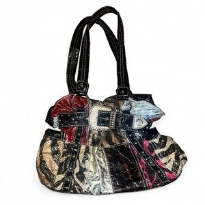 Patchwork Zebra Print Tote Bag with Studded Buckle - Black & Multi